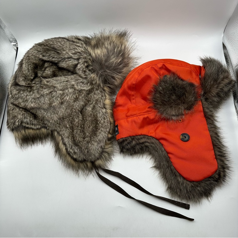 2 Woolrich Faux Fur Fuzzy Warm Trapper Brown Hat Winter Plaid With Orange Hat